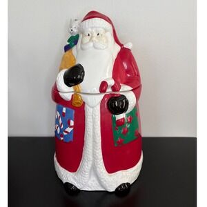 Vintage Ceramic Santa Claus Cookie Jar with Cat and Gifts Christmas‎ Decor